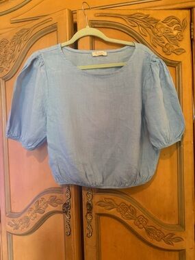 Light Blue Puff Sleeve Linen Blend Blouse